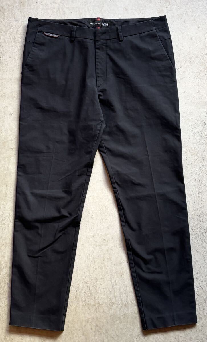 【美品】HUGO BOSS × PORSCHE ヒューゴボス×ポルシェ コットン チノパンツ スラックス テーパード 黒/BLACK コラボ 別注 限定 正規品拍卖