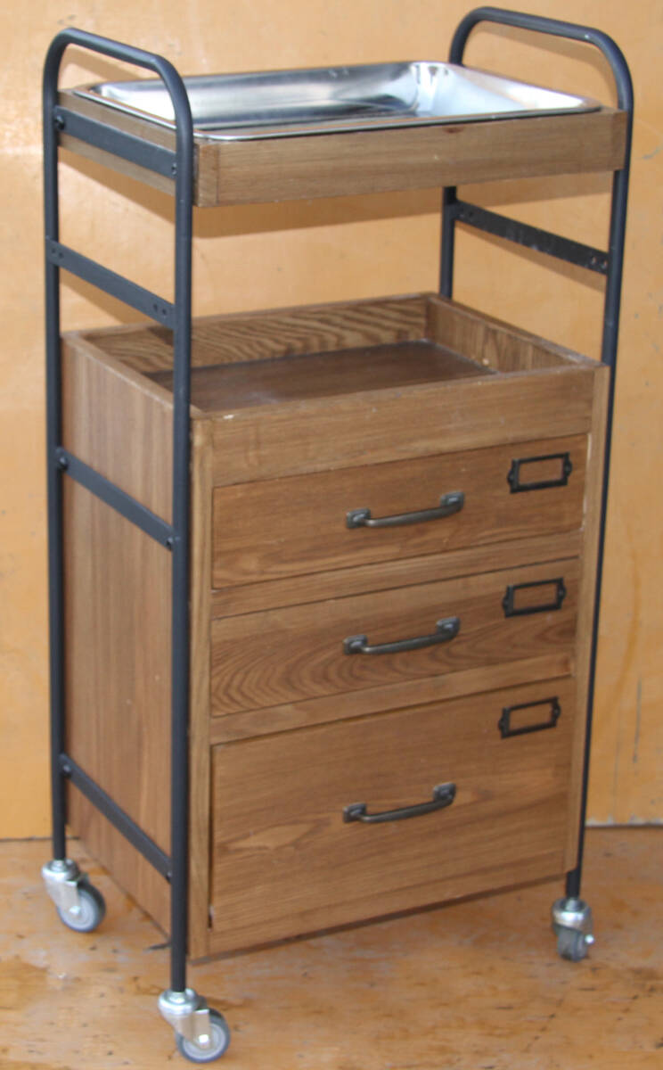 美容器具 Matieli マテり 3段引出しウッドワゴン ブラウン サロンワゴン ステンレストレイ キャスター付き拍卖
