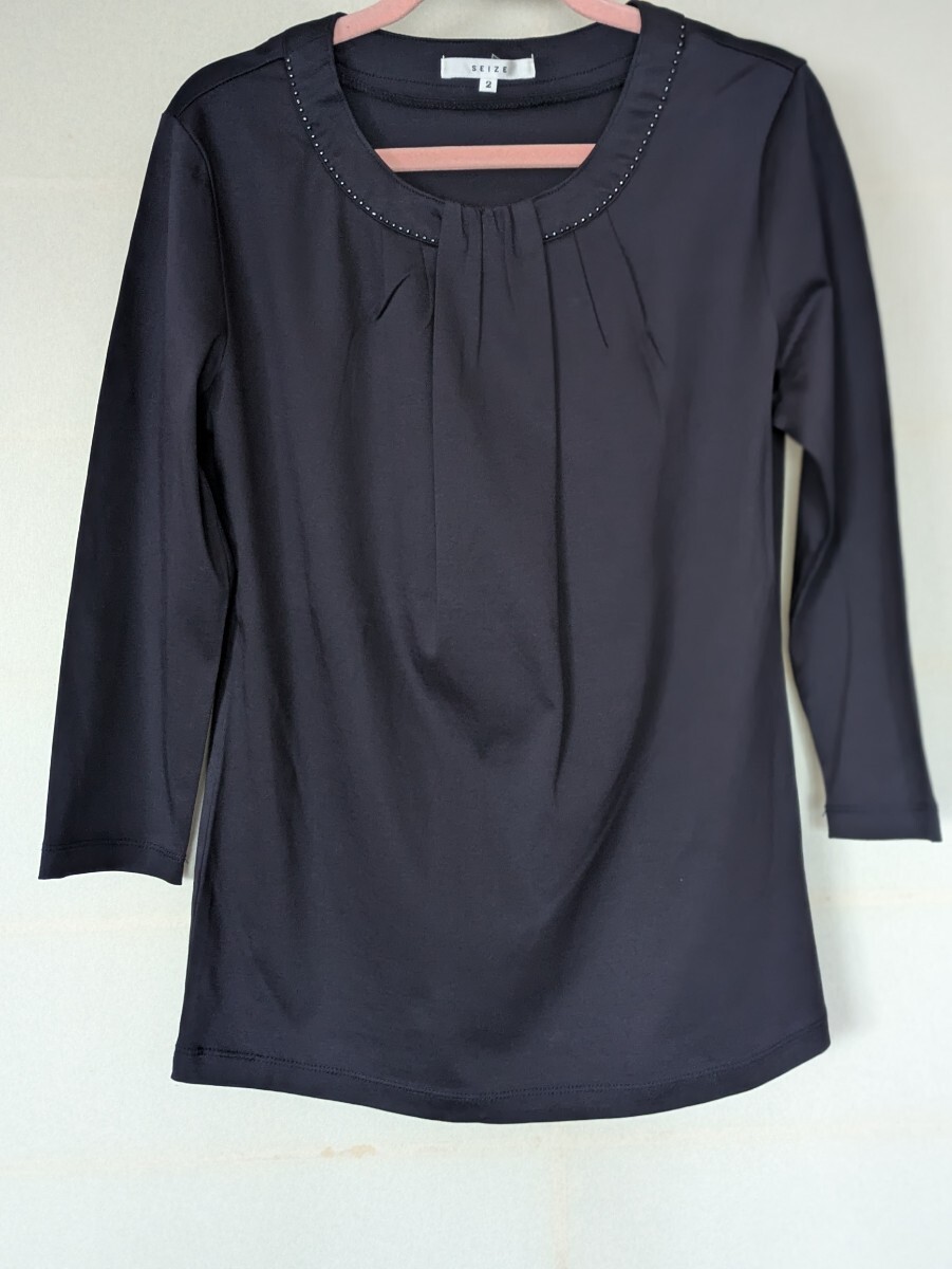 未着用 ★SFIZE セーズ★ ビジュー付き 七分袖カットソー ネイビー サイズ2(Mサイズ)拍卖