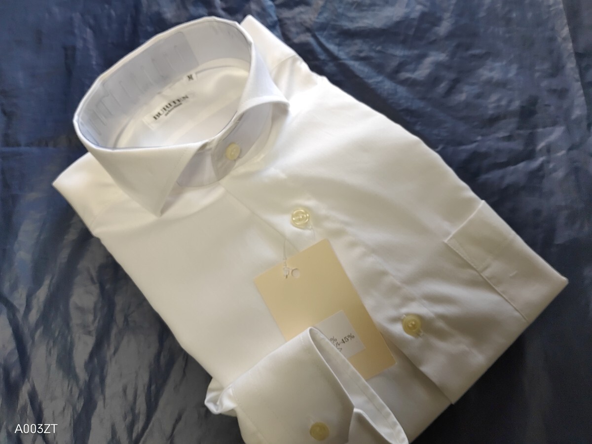 訳あり、M寸・新品/日本製・無地ホリゾンタルカラーシャツ■オフホワイト色シャンブレー拍卖