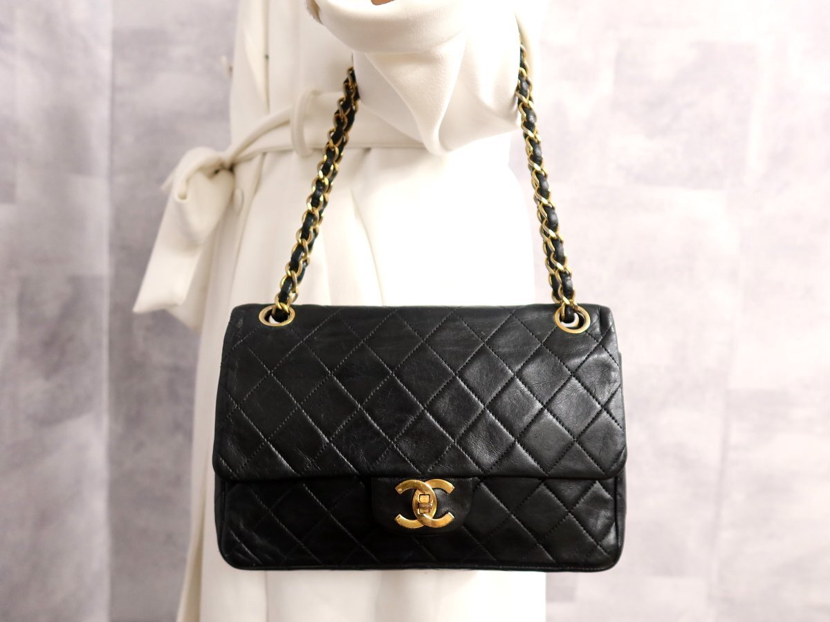 美品●CHANEL シャネル●マトラッセ●ココマーク●ラムスキン レザー 本革●ショルダー ハンド バッグ●黒●G金具●ヴィンテージ●Js62602拍卖