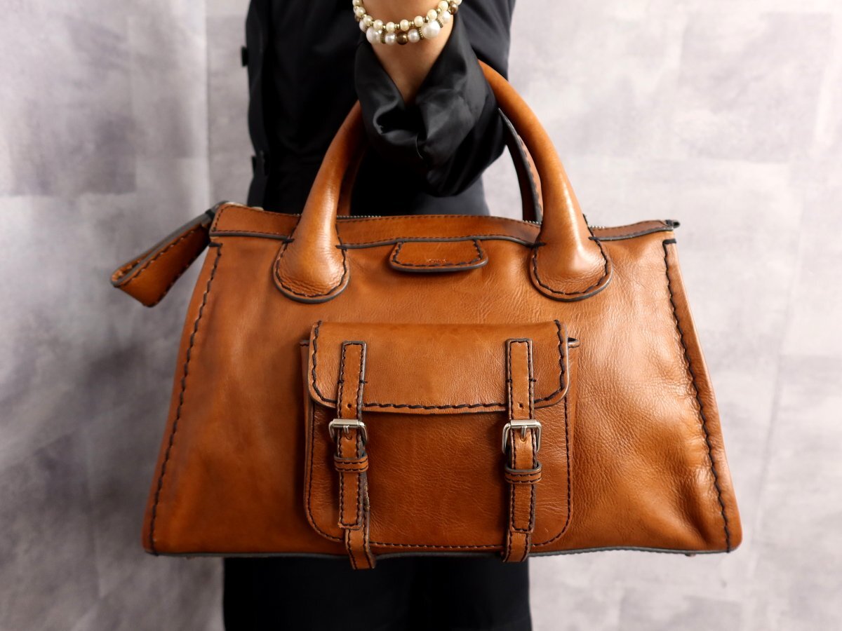 ●超美品●Chloe クロエ●エディス●ロゴ型押し●カーフ レザー 本革●ハンド バッグ●キャメル●シルバー金具●A4 収納 かばん●Js62692拍卖
