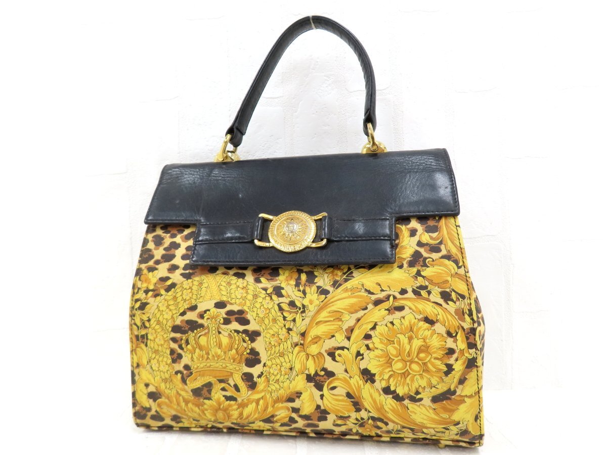 ◆美品◆GIANNI VERSACE ジャンニ・ヴェルサーチ◆レオパード◆ナイロン カーフ レザー 本革◆ハンド バッグ◆ベージュ系 黒 G金具◆A14398拍卖