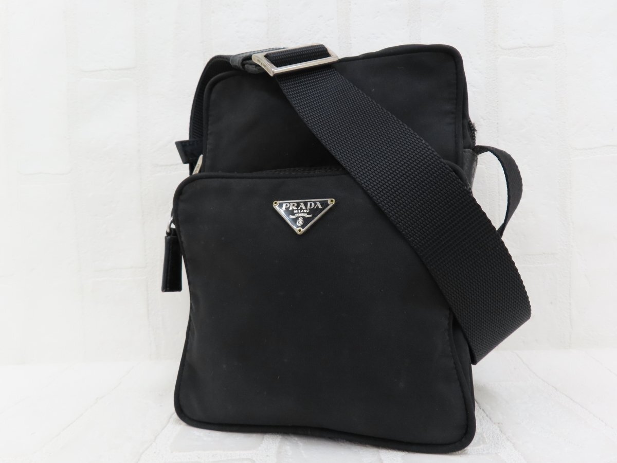 ◆美品◆PRADA プラダ◆ナイロン カーフ レザー 本革◆ショルダー バッグ◆ブラック シルバー金具◆イタリア製◆ヴィンテージ◆A14511拍卖