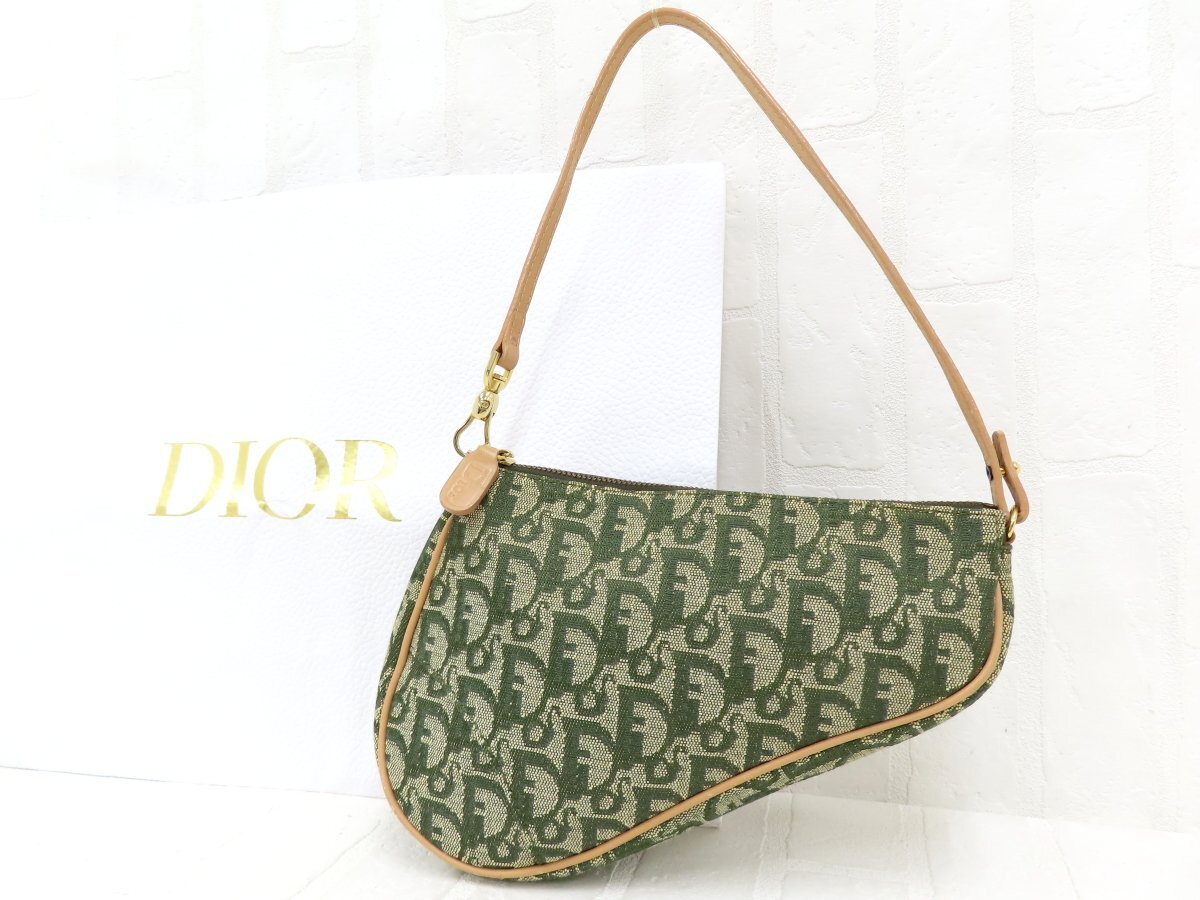 美品◆Christian Dior クリスチャン・ディオール◆トロッター◆キャンバス レザー 本革◆ハンド バッグ◆緑系 G金具◆ヴィンテージ◆A14450拍卖