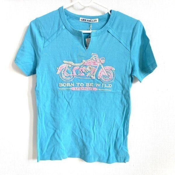 les halles 半袖Tシャツ レディース 水色 ブルー スパンコール コットン100% ◎11-02拍卖