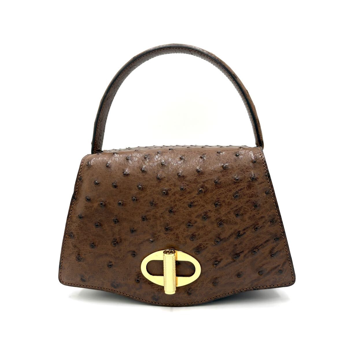 C ■ 極上レザー使用!! '高級感溢れる' dunhill ダンヒル 本革 ミラー付き オーストリッチ 金具ロック式 ワンハンドル ハンドバッグ 茶系拍卖