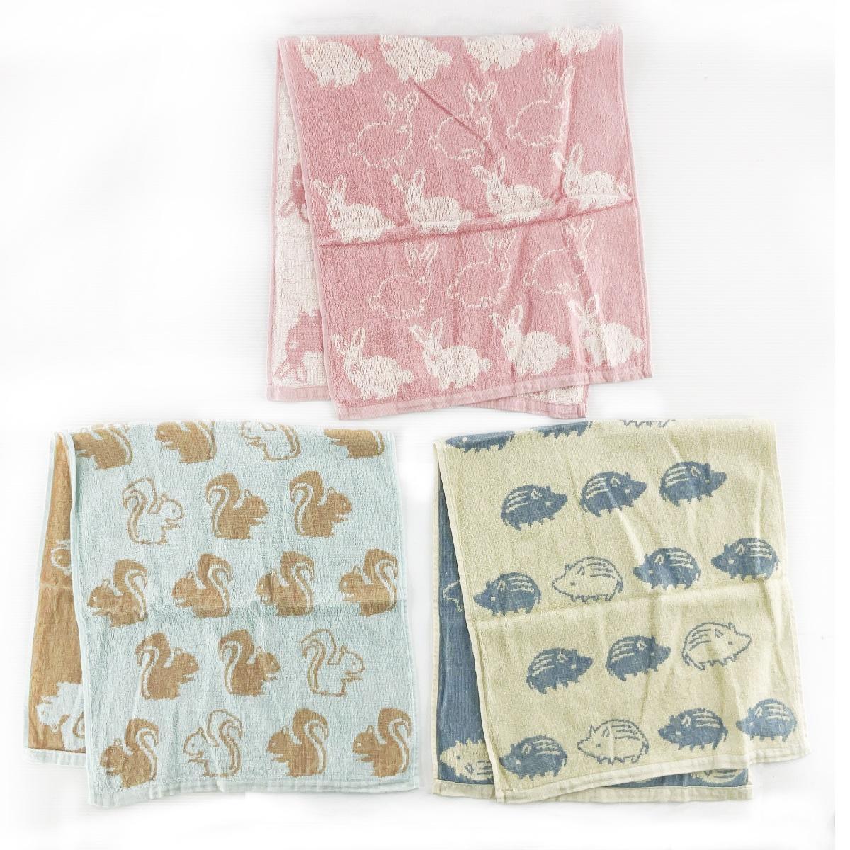北欧調フェイスタオル ジャカード織り 3柄セット アニマル リス ウリボウ うさぎ拍卖