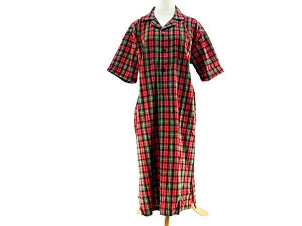 ルームウェア シャツワンピ 綿100% 5分袖 家事 寝間着 涼しげ トールサイズ Mサイズ チェック柄 レッド系拍卖