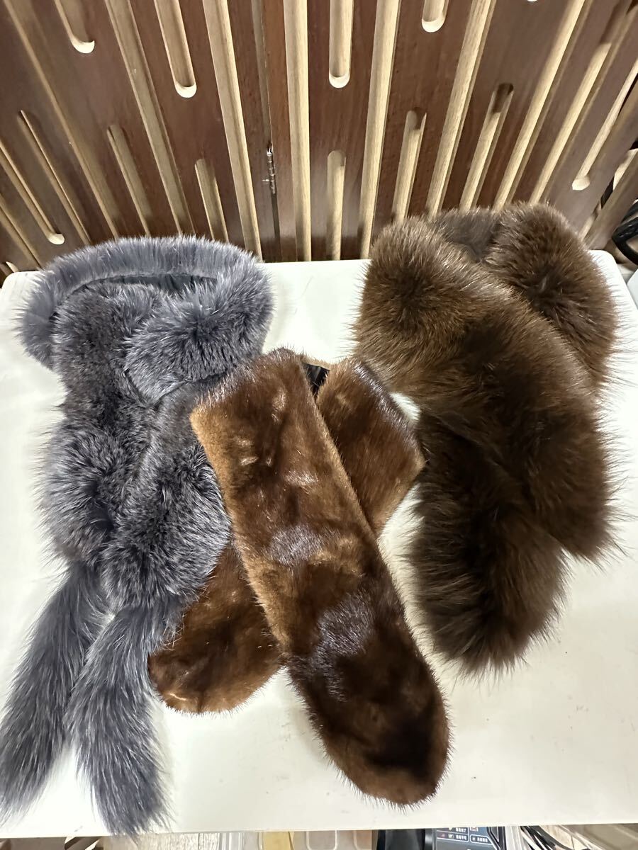 Y11023 毛皮 ファー マフラー ティペット 襟巻 ブラウン系 グレー系 3点まとめて拍卖