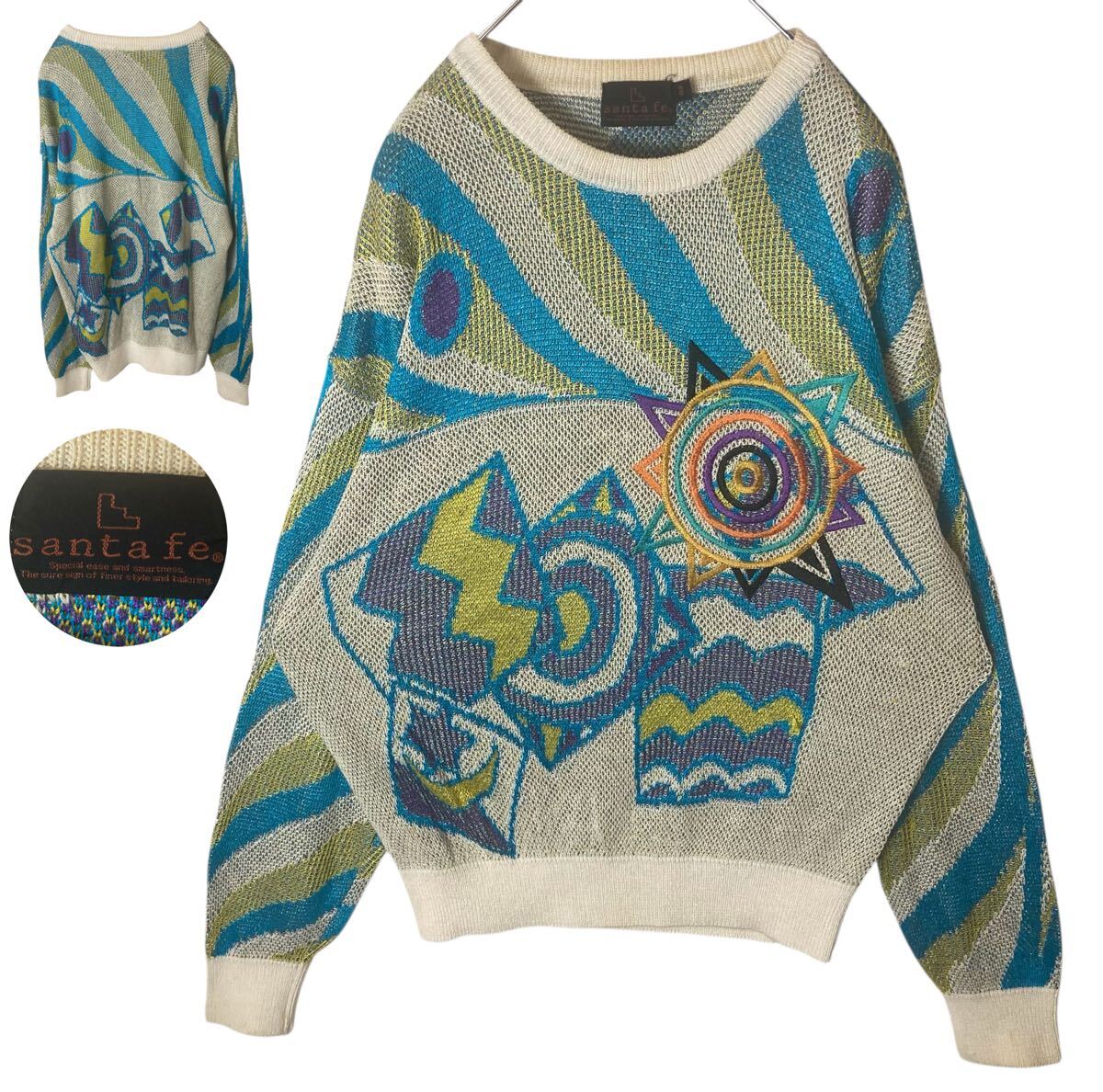 日本製Santa feアンティーク調ビッグ柄&刺繍MIX素材ニットゆったりサイズ拍卖