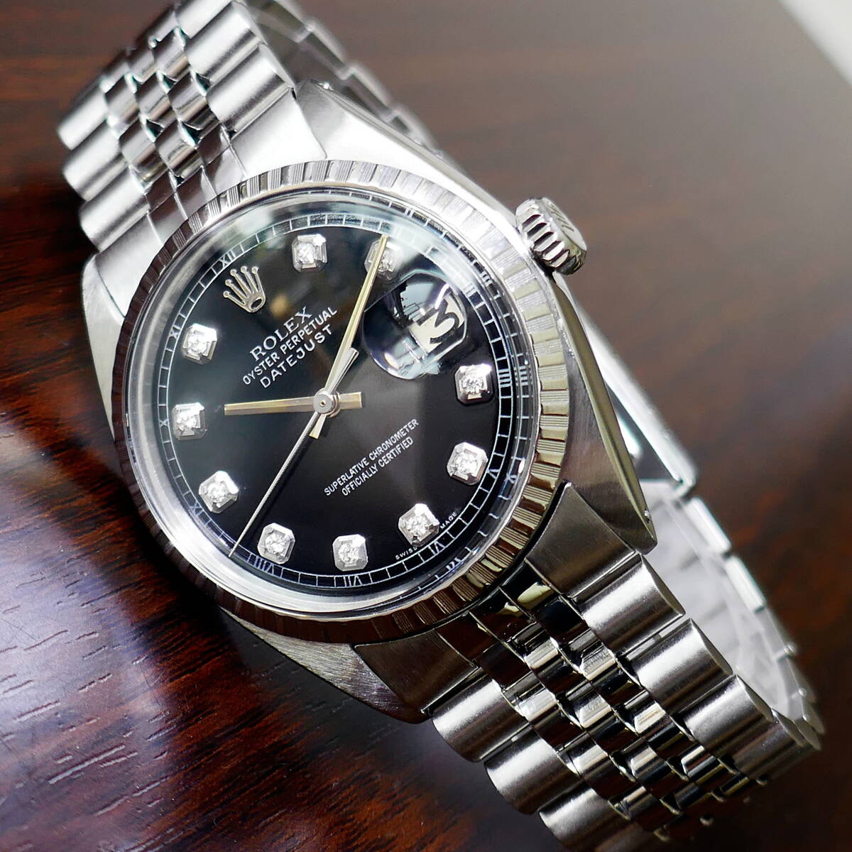 デッドS級極美品!!★OH済!■ROLEX デイトジャスト■10Pダイヤ ブラック文字盤■R1601拍卖