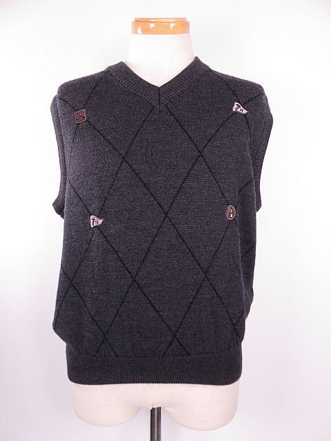 【送料無料】美品 マンシングウェア Munsingwear ニットベスト 毛100% 刺繍入り グレー S拍卖