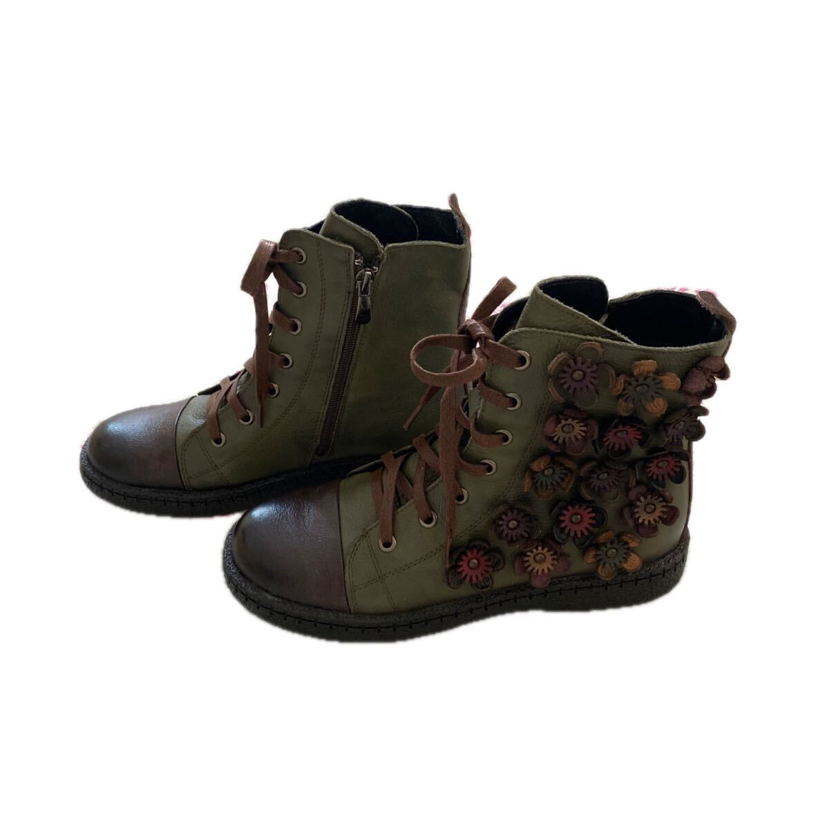 未使用☆yk243 本革 ショートブーツ レースアップシューズ お花 カーキ×ブラウン 24.5cm拍卖