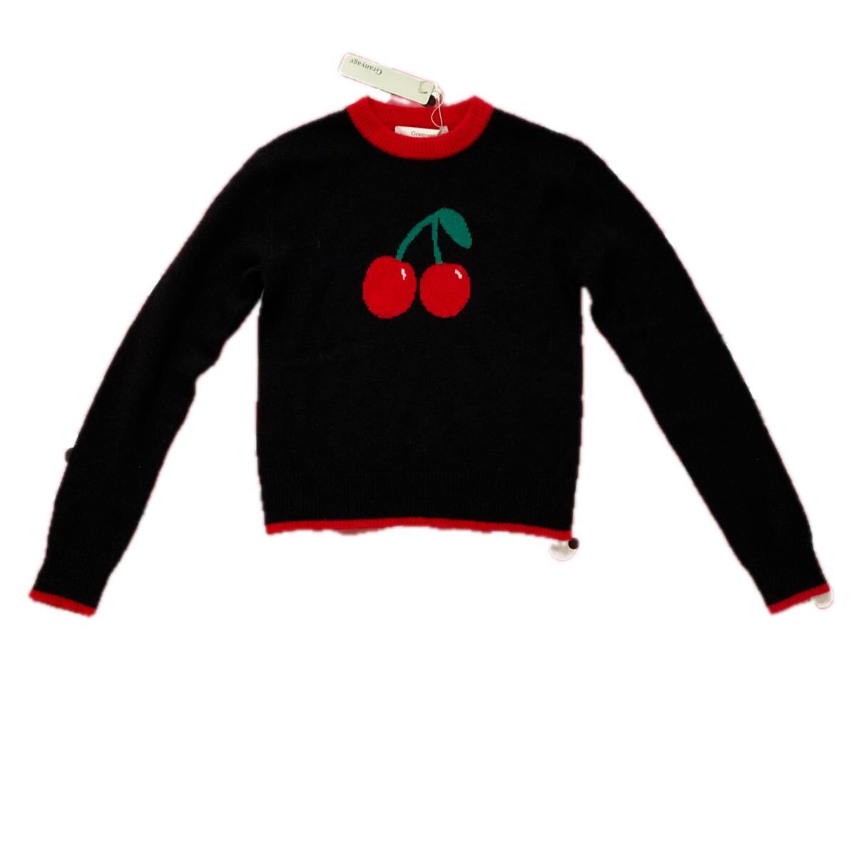 未使用☆グランヤージュ カシミヤ100% ニット チェリー模様 サイズ38 黒×赤拍卖