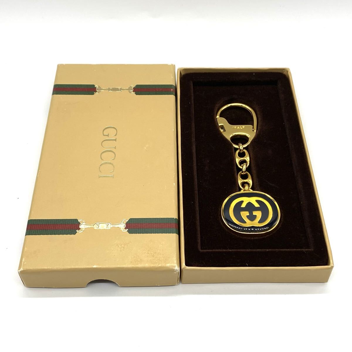 【11白11】1円スタート GUCCI グッチ インター ロッキング Gキーホルダー チャーム キーリング ゴールドカラー ネイビー 箱付き GGロゴ拍卖