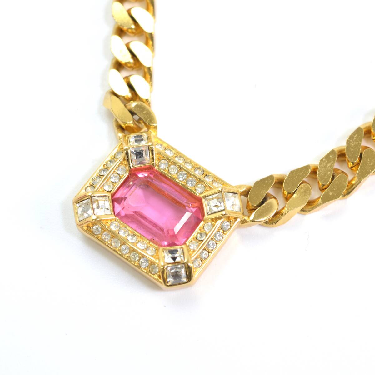 H.Rp 1円スタート Christian Dior クリスチャンディオール ネックレス ペンダント ラインストーン ピンク カラーストーン GP ゴールド拍卖