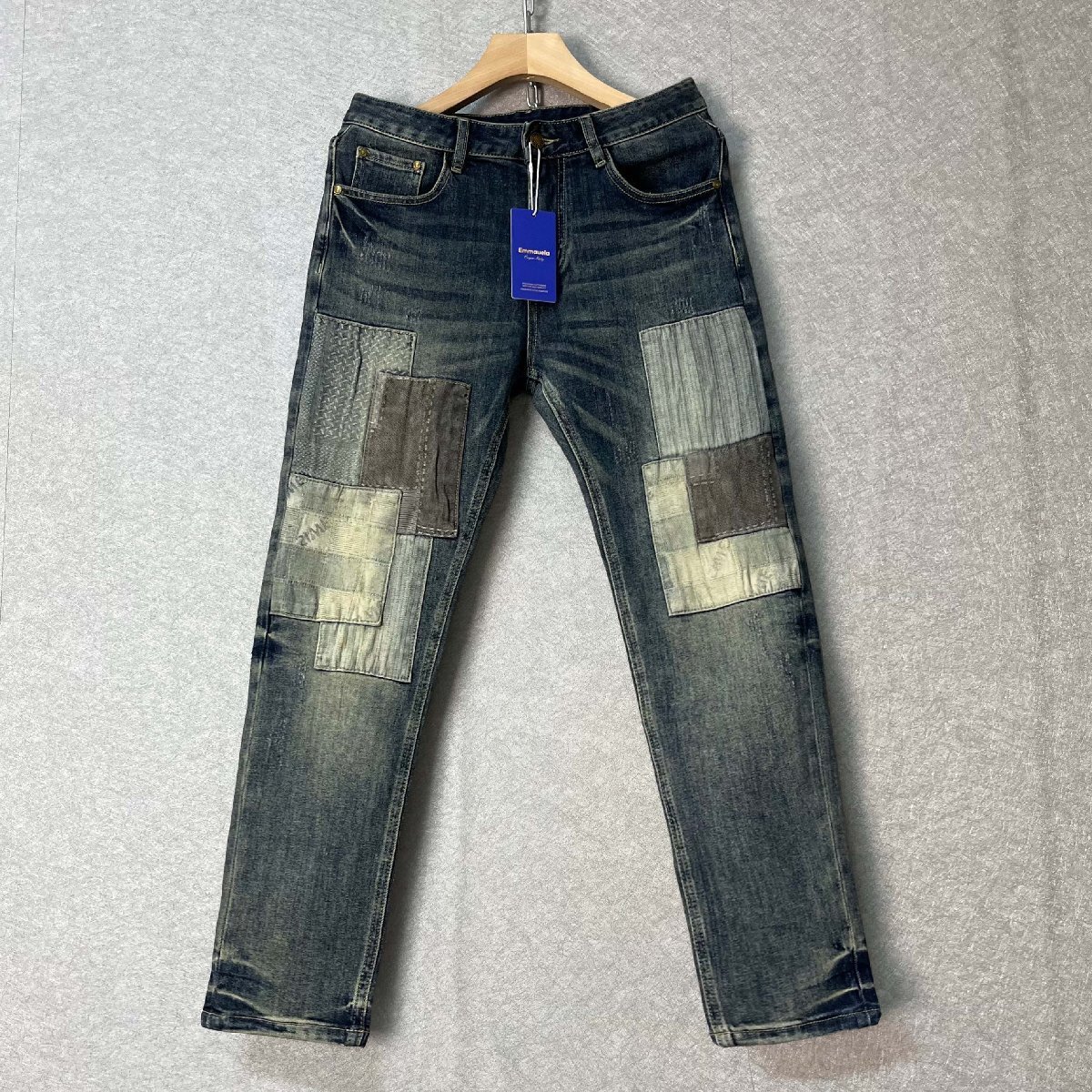 個性・デニムパンツ 定価4万◆Emmauela・イタリア・ミラノ発◆コットン混 快適 パッチワーク 色落ち ジーンズ オシャレ ズボン サイズ32拍卖