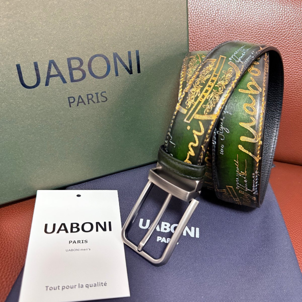 貴重品 EU製 定価9万◆UABONI*ユアボニ*幻のパティーヌ*ベルト◆本革 カーフスキン 手染 ゴールデン 調節可能 ビジネス 紳士 ベルルッティ拍卖