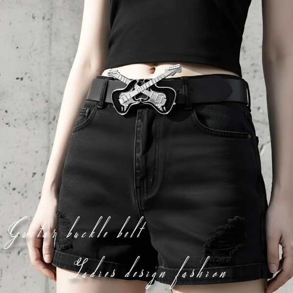 【毎日当日発送】メタリック エレキギターバックル ベルト 幅37mm レディース メンズ かっこいい ストリート系 PUレザー ブラック 黒拍卖