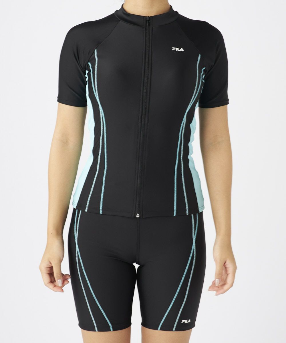 11号 Lサイズ 新品 FILA セパレーツ フィットネス水着 黒×ミント めくれ防止 袖付き レディース 半袖 フルジップタンキニ 344191 送料無料拍卖