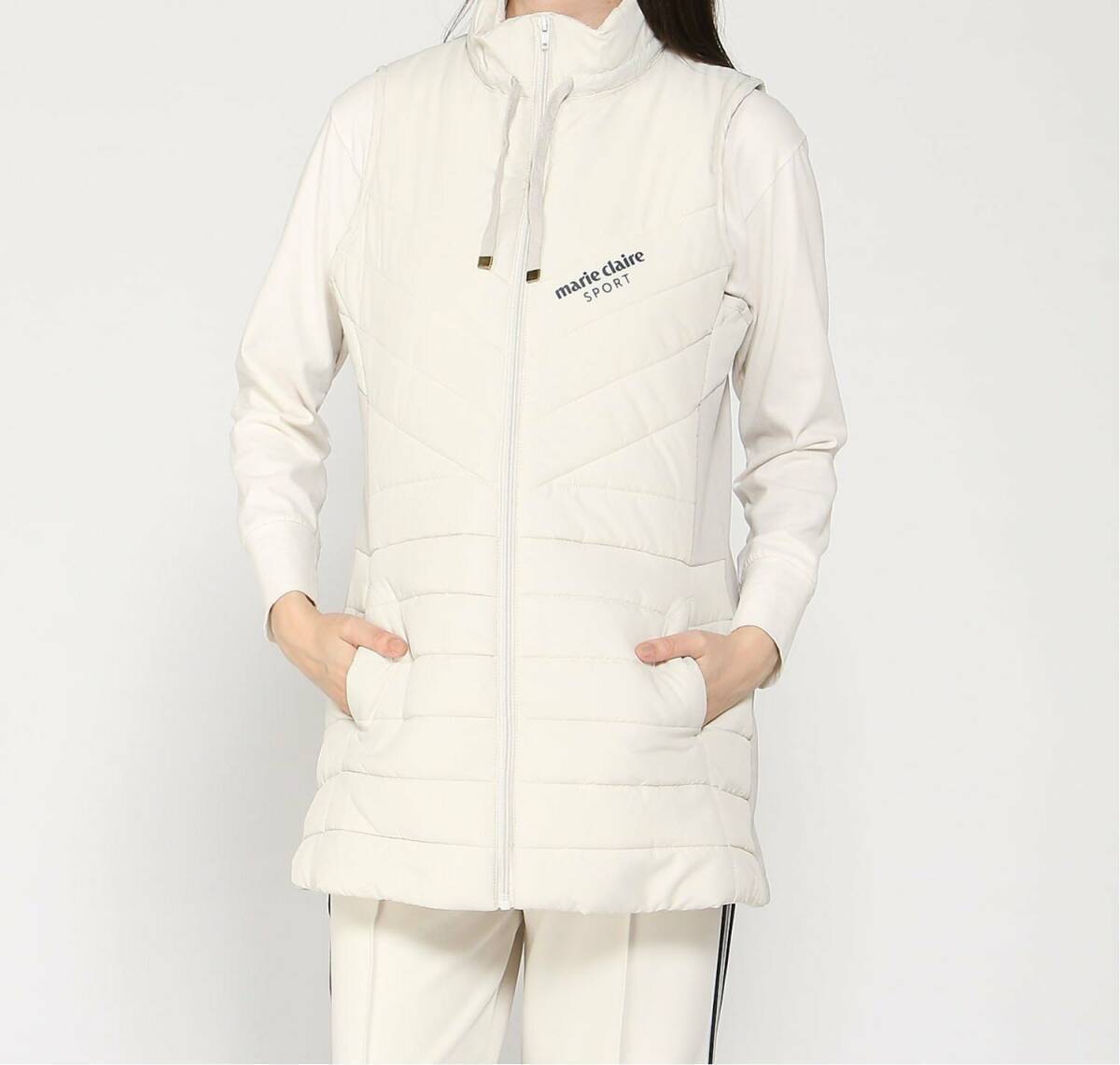 【LLサイズ】新品 マリクレールスポール ゴルフ 素材切替スタンドネック中綿ロングベスト チュニック丈 白 レディース ゴルフウェア拍卖