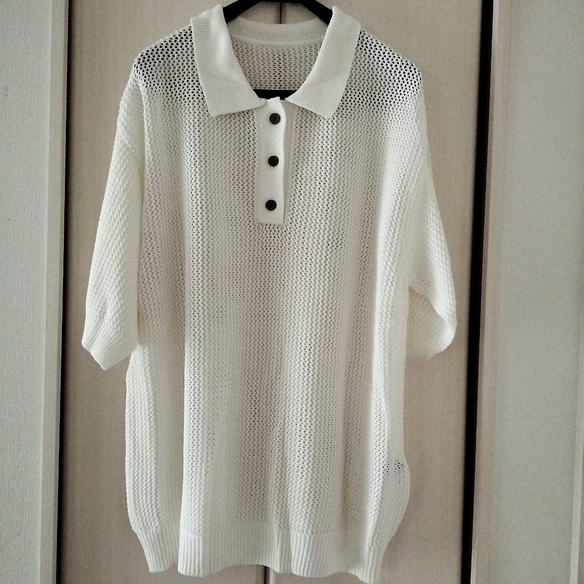 新品タグ付き【5L】 大きいサイズ SMILE LAND スマイルランド ニッセン 半袖ニット メッシュ 襟付き ボタン レディース ミセス 重ね着 白拍卖