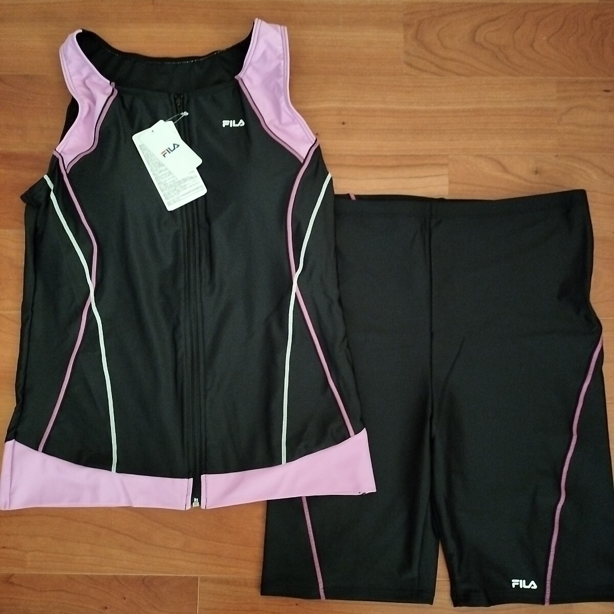 15号 3L 新品 FILA セパレーツ フィットネス水着 黒×ピンク 袖なし レディース フルジップ タンキニ 大きいサイズ 348281拍卖