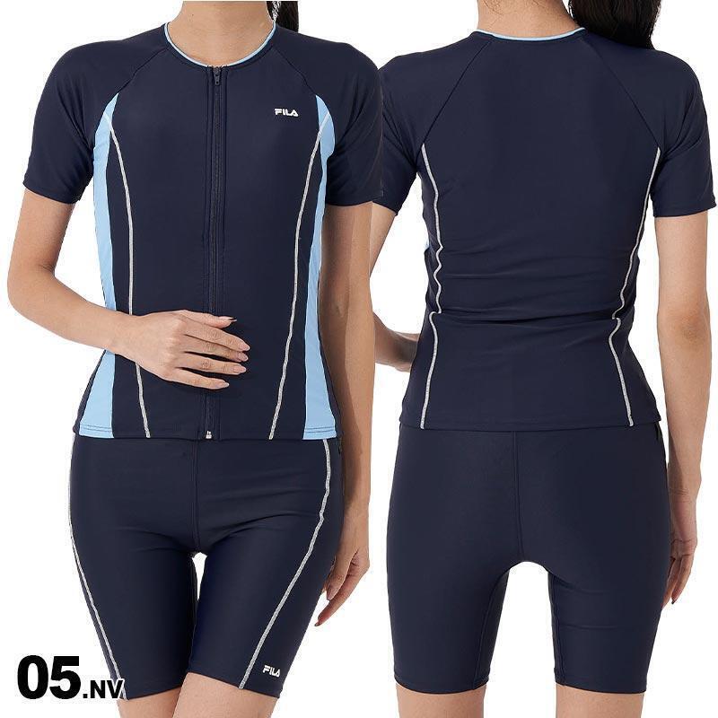 9号 Mサイズ 新品 FILA セパレーツ フィットネス水着 ネイビー めくれ防止 レディース 半袖 フルジップ タンキニ 送料無料 313203拍卖