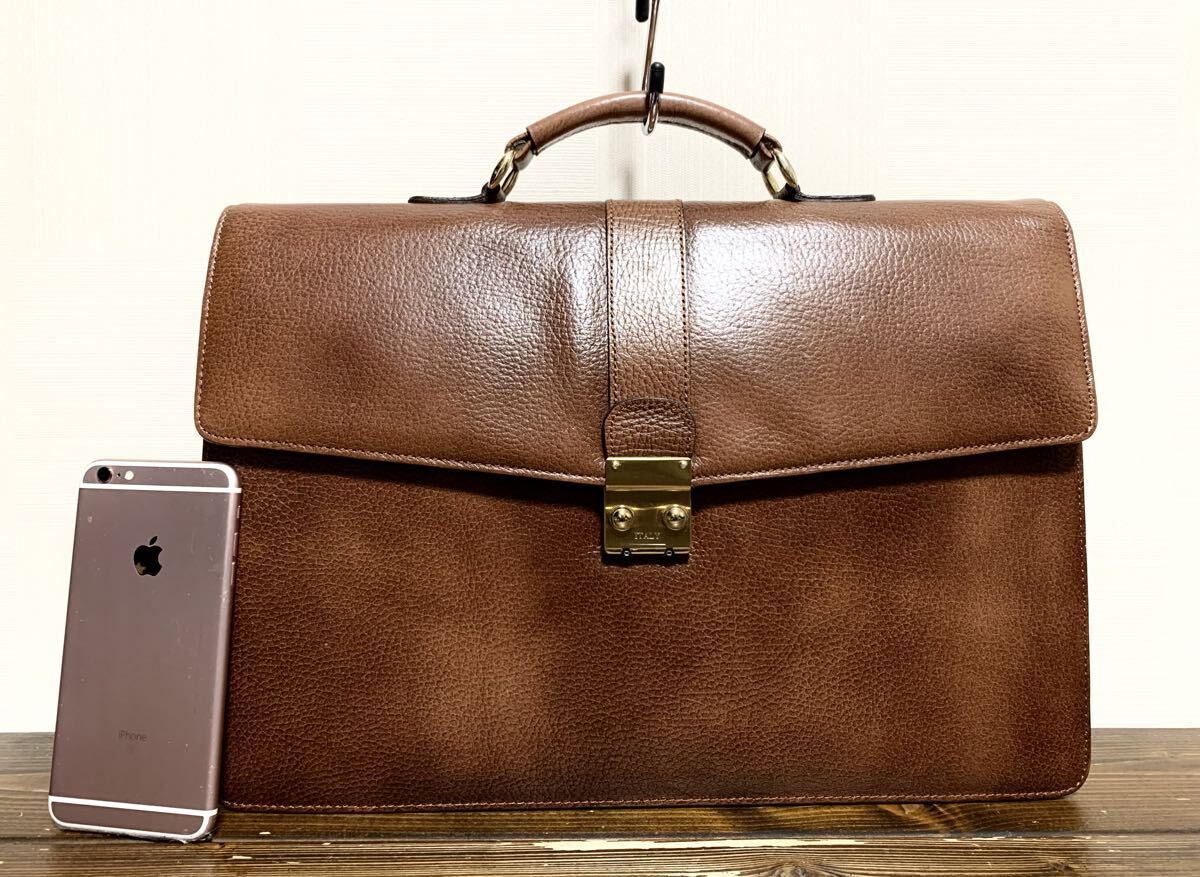 極上:ITALY.レザー ブリーフケース(茶/上質.牛革/フラップ式/ダイヤルロック錠/H28W40D6~10/ビジネス バッグ/tanizawa somes itagaki type)拍卖