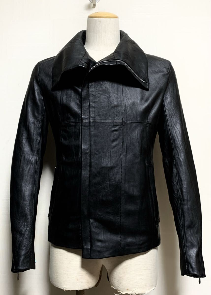 極上:MICHEL KLEIN HOMME.変形襟 ラムレザー ライダース 48(L/黒/Wジップ/上質.羊革/肩45幅50丈64/V系/ifsixwasnine lgb tornado mart type拍卖