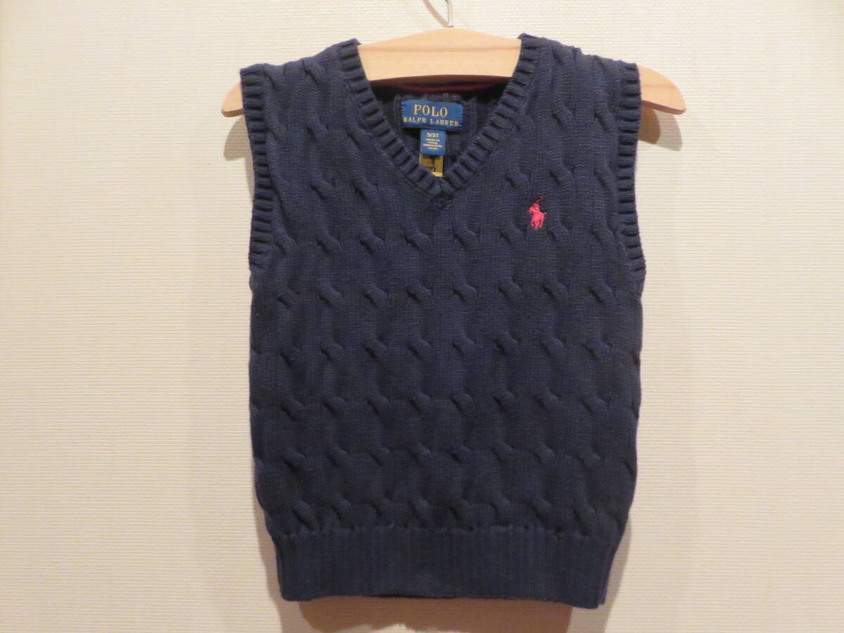 ♪美品♪★POLO RALPH LAUREN★ポロラルフローレン ケーブル 二ットベスト ホース刺繍 サイズ3/3T 100 紺系拍卖