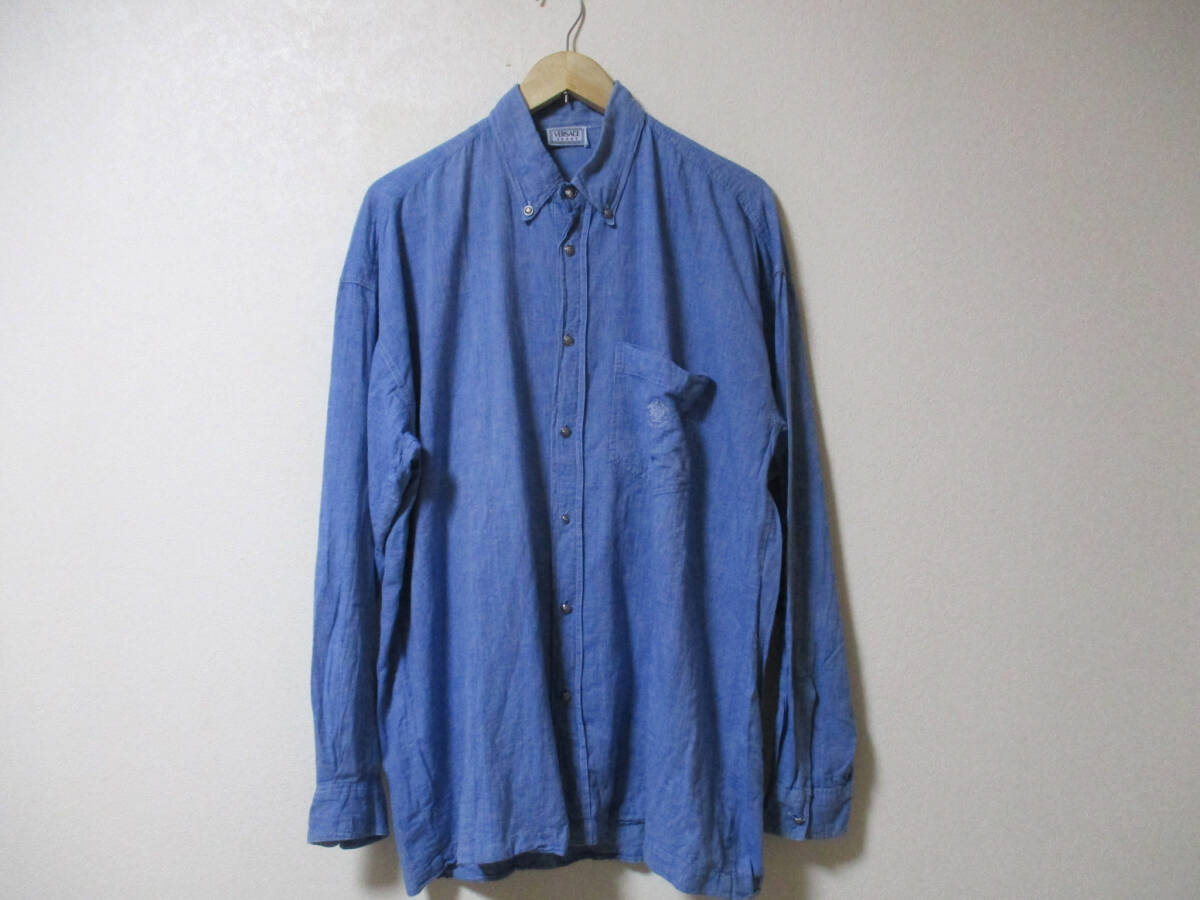 VERSACE SPORT ヴェルサーチ 長袖シャツ メデューサ刺繍 ボタン ブルー サイズ46? オールド (3E ケ拍卖