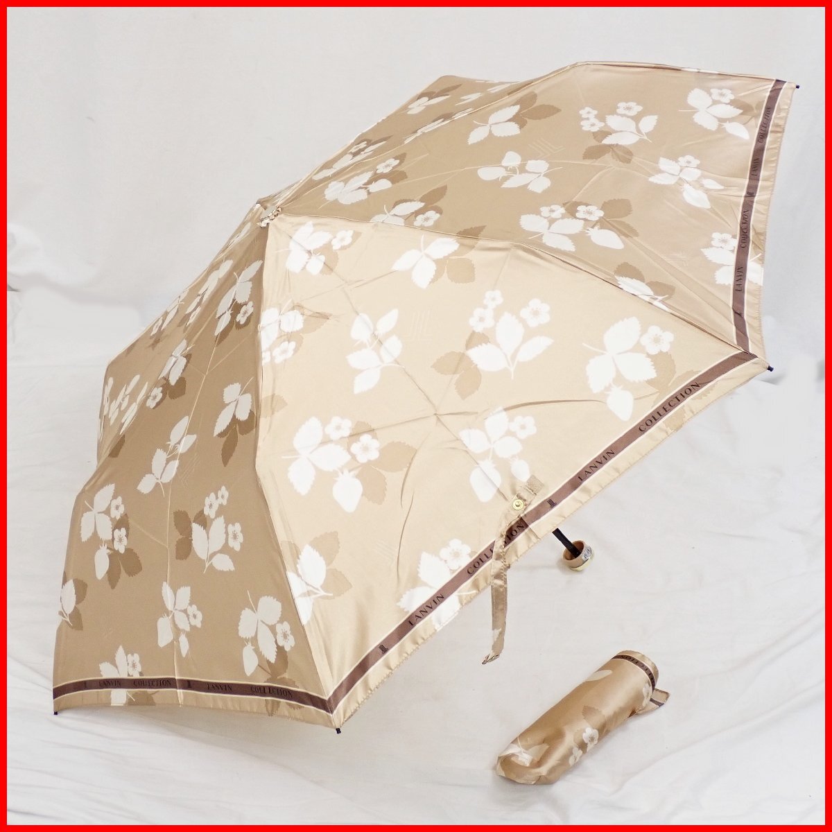 ★美品 LANVIN/ランバン 折りたたみ傘/シャンパンゴールド×ブラウン系/花柄/収納袋付き/雨具/アンブレラ&1835300097拍卖