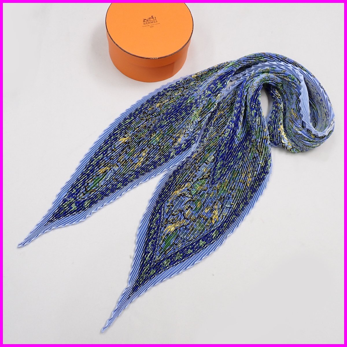 ☆1円 未使用 エルメス シルク100% カレプリセ/プリーツスカーフ CHASSE EN INDE/インドの狩猟/約129×29cm/ブルー系/箱付き&2181000004拍卖