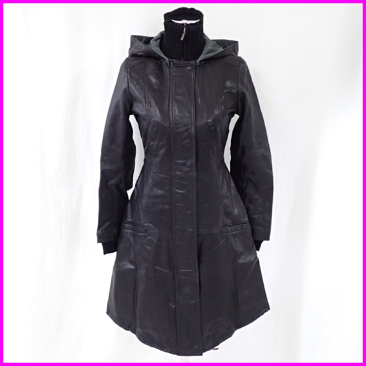 ★ARMANI JEANS/アルマーニジーンズ フード付き レザーコート 38/レディースS相当/ブラック/牛革&1976800153拍卖