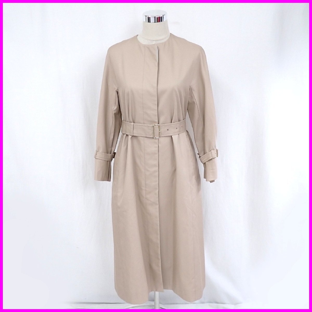 ★美品 ANAYI/アナイ ノーカラー ロングコート 36/レディースM相当/ベージュ/コットン100%/ベルト付き&2183900006拍卖