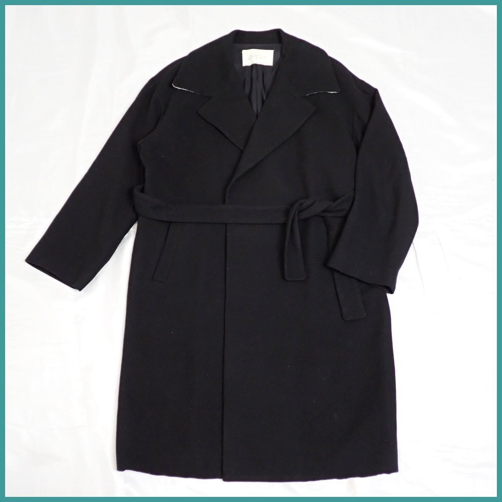 ★Dessin de Mode/デッサンドモード ロングコート 2/メンズL相当/ブラック/ウール100%/ベルト付き&1547600034拍卖