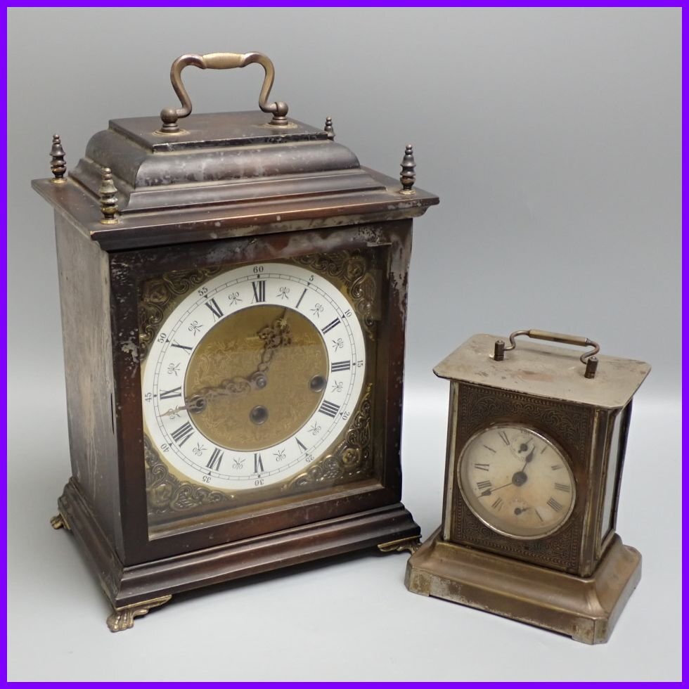 □メーカー不明 ゼンマイ式 置時計 2点セット/木製/金属製/アナログ/インテリア/レトロ/ジャンク品&2165500032拍卖