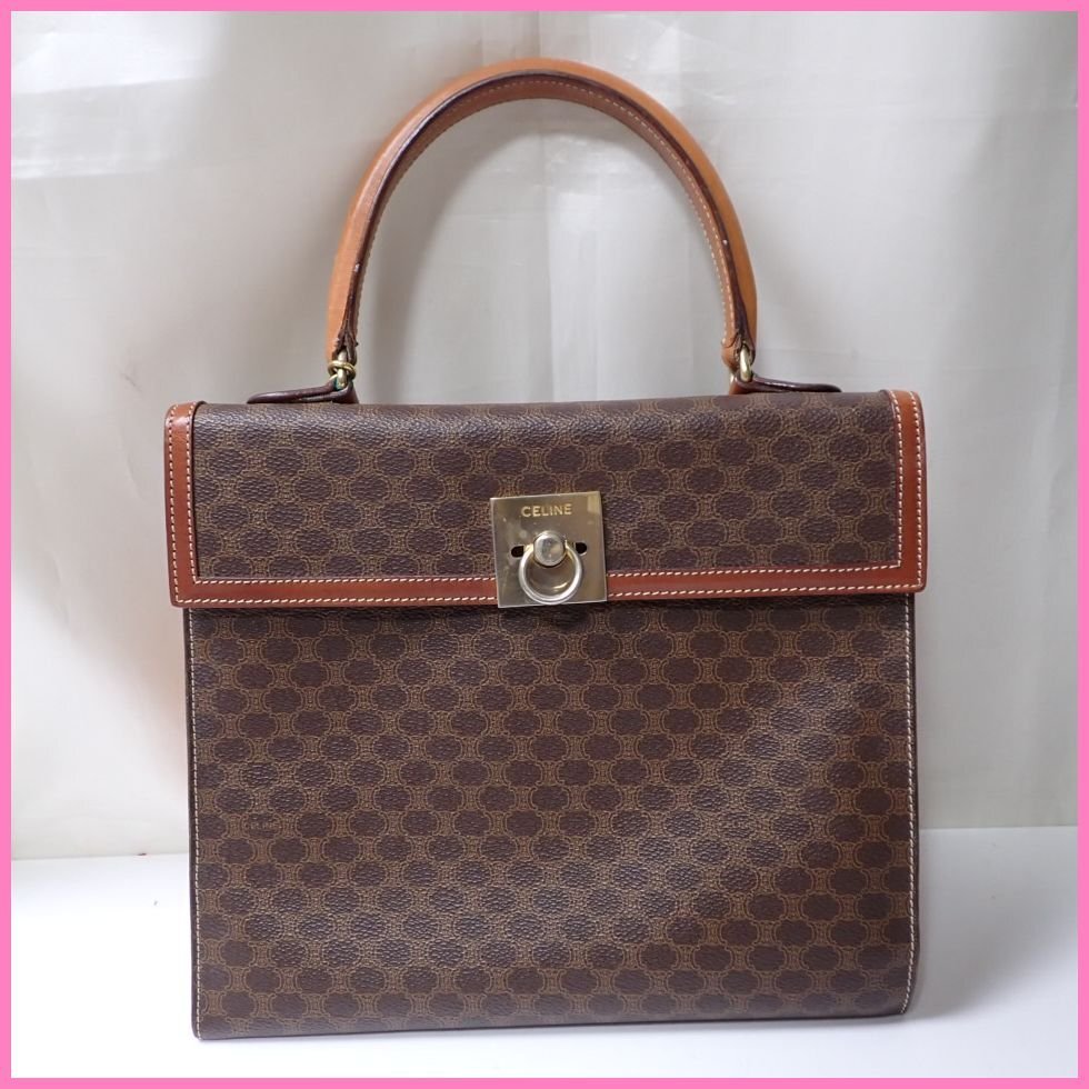 ★CELINE/セリーヌ マカダム柄 ハンドバッグ M11/ブラウン/PVC×レザー/金具式/チェーン/イタリア製&2042000148拍卖