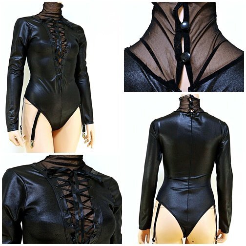 CX5-785//ビッグなLサイズ☆セクシーな編み上げ×ガーター付き☆レザーボンテージ風ボディスーツ※一番安価で送料ゆうパケット250円拍卖