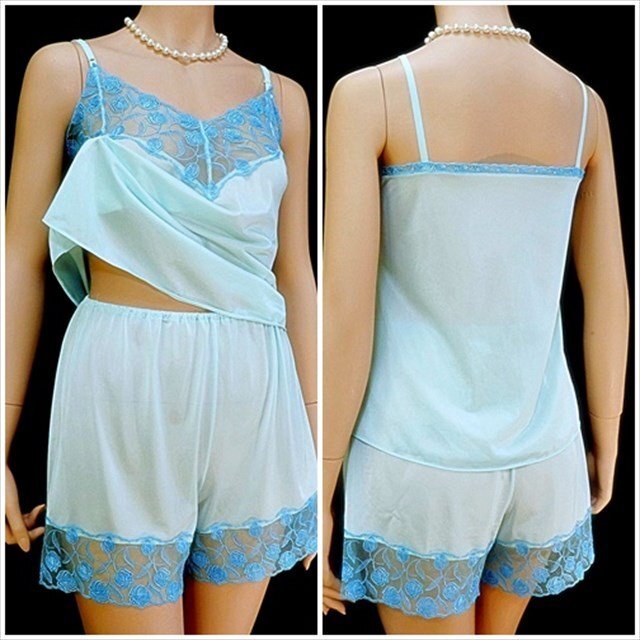 CX5-820//バスト95㎝のグラマーXLサイズ☆上品な光沢スカイブルー☆キャミ&フレパンセット※一番安価で送料はゆうパケット250円拍卖