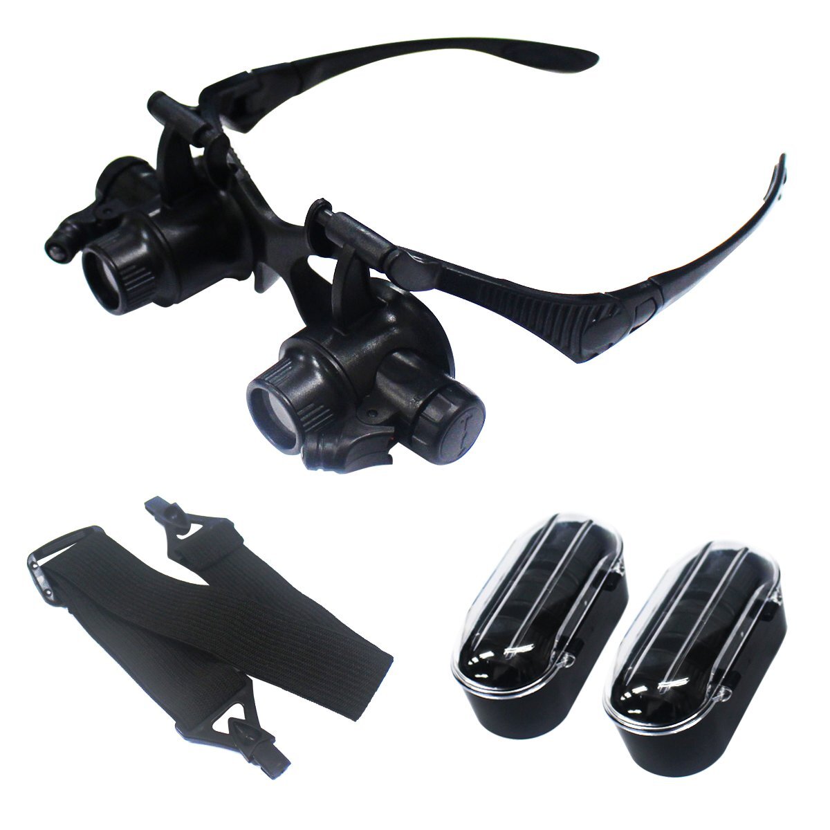 【送料無料】LED 2個付き ルーペ メガネ レンズ4種 10倍 15倍 20倍 25倍 拡大鏡 バンド付き 眼鏡 精密 時計 宝石 読書 プラモデル 手芸 型拍卖