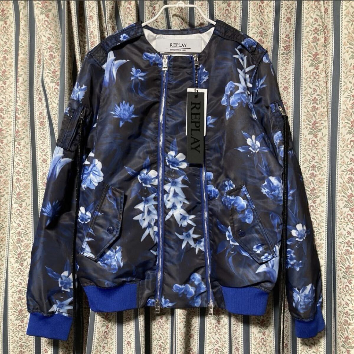 新品 REPLAY リプレイ フラワー総柄 中綿 フライトジャケット MA-1 リブ ブルゾン ボタニカル 花柄 ボンバー ノーカラー ダブルライダース拍卖