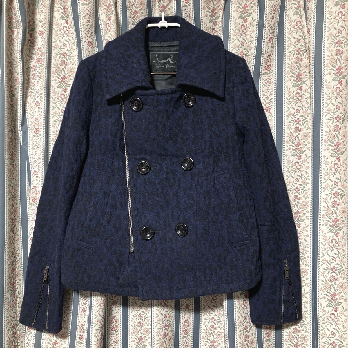 ヒステリックグラマー シャドウレオパード柄 ウールライダースタイプ ショートピーコート ネイビー ジャケット メルトン Pコート 拍卖