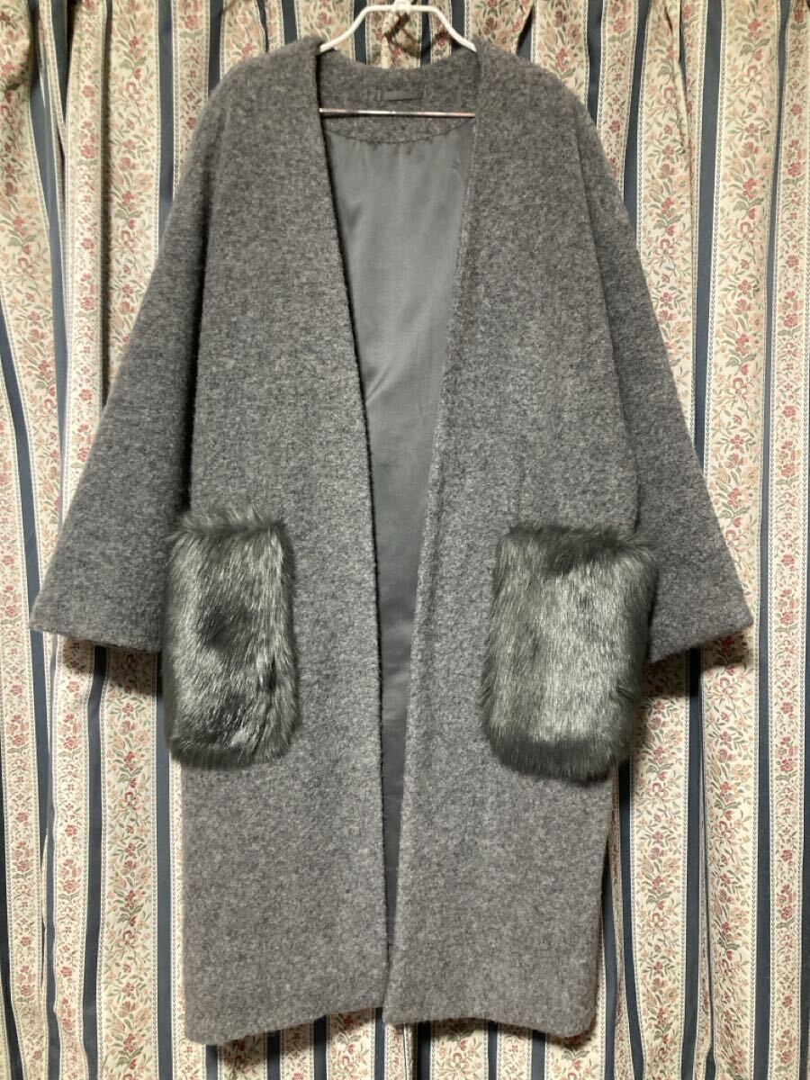 GU ジーユー ウール混 フェイクファーポケット ガウンコート XL グレー ノーカラー ロング丈 カーディガン コーディガン 長袖拍卖