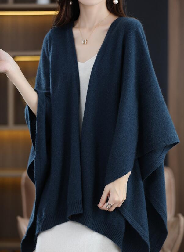 上品Fサイズ秋冬新品 ミンクカシミヤ混 ドルマン カーディガン スカーフ レディース ニット ポンチョ風 紺拍卖