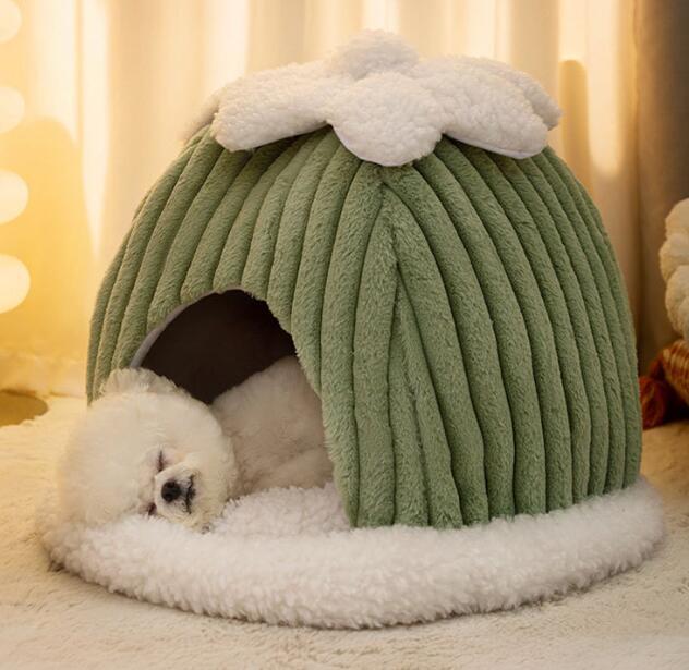 上質猫 犬 ベッド ふわふわ 暖か カボチャ形キャットペット用品 ペットハウス 滑り止め クッション柔らかい秋冬 グリーン Mサイズ拍卖