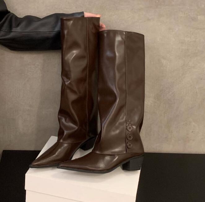 人気推薦上質ワイドシャフトブーツ ポインテッドトゥ ロングブーツ茶色 脚長 24.0cm(38)拍卖