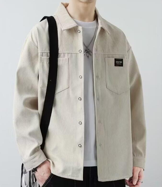 新品トップス ジャケット メンズ 秋服 カジュアルシャツ 長袖シャツ ライトアウター 開襟 コーデュロイ ビジネス 無地 ベージュ 3XL拍卖